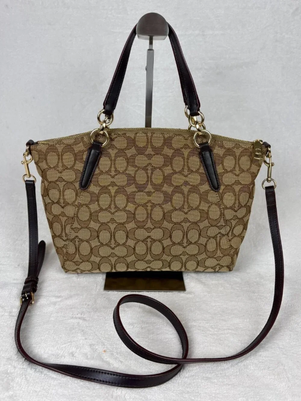 Coach Small Kelsey Satchel in Khaki Signature Jacquard, Leather Trim, Charm